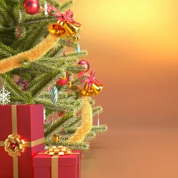 Christmas tree gold background with red gift boxes and copy space. Stock Illustration