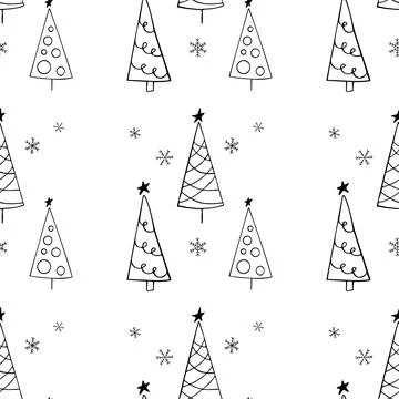 Christmas tree hand drawn seamless pattern. Doodle texture with simple fir for 스톡 일러스트