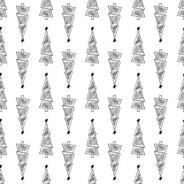 Christmas tree hand drawn seamless pattern. Doodle texture with simple fir for 스톡 일러스트
