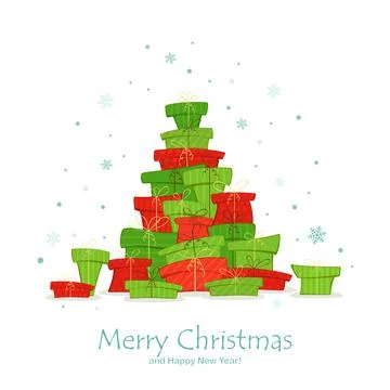 Christmas Tree from Holiday Gift Boxes and Lettering Merry Christmas on White Stock Illustration