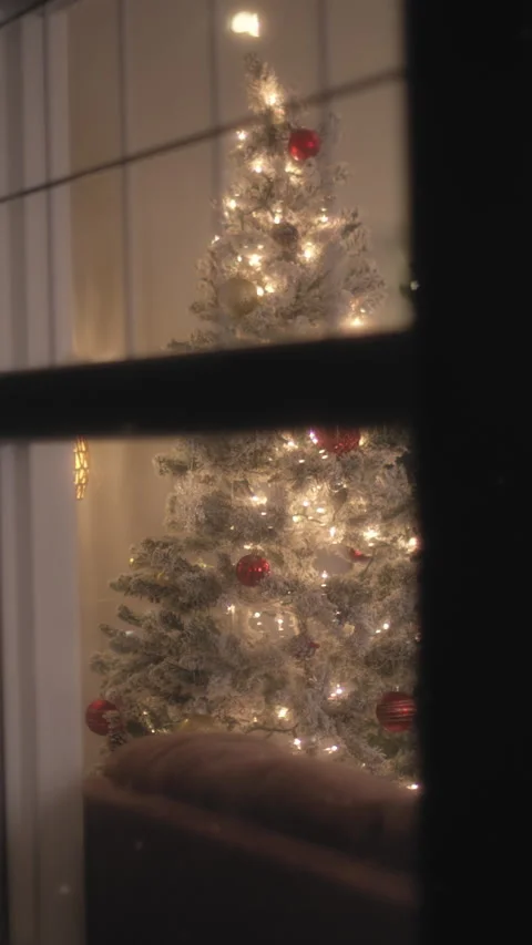 Christmas tree at home with snow falling outside, window view. Vertical format Stock Footage 319804787