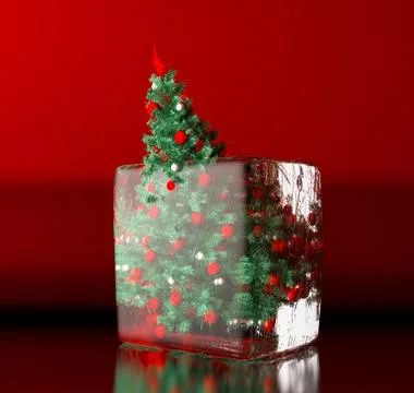 Christmas tree in ice cube 3d render Stock Illustration