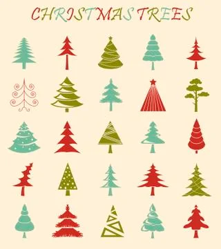 Christmas tree icon set. Flat design. Monochrome version Stock Illustration