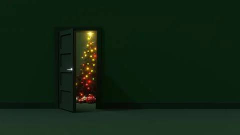 Christmas Tree Illuminated Behind Open Door Video stock 291649465