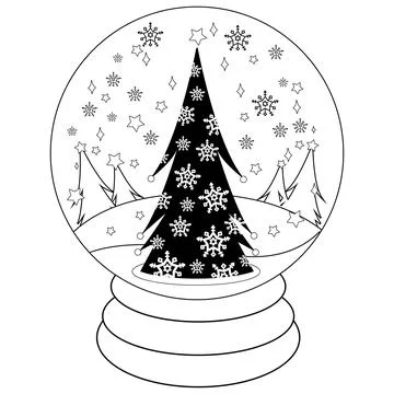 Christmas tree inside a snow globe. Vector black and white coloring page Stock Illustration