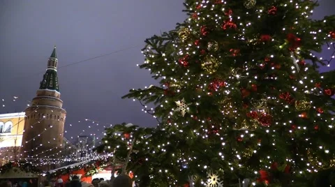 Christmas Tree at Kremlin and Manezh Square Stock Footage 45012326
