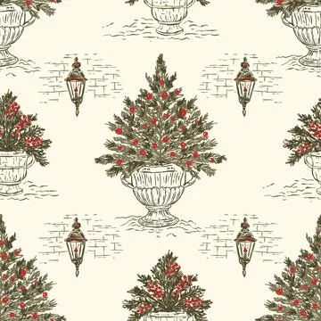 Christmas Tree Lantern Seamless Toile Pattern Vector Stock Illustration