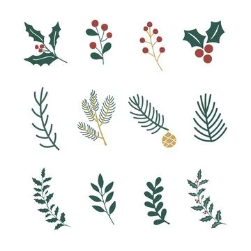 Christmas Tree Leaf Designs Flat Vector Stock Illustration