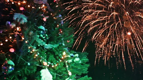 Christmas tree with light and firework Stock Footage 65286422