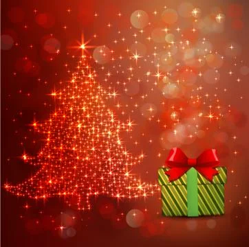 Christmas tree lighting and gift against celebration bokeh red background Stock Illustration