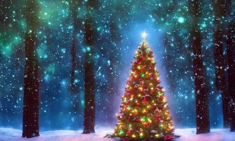 Christmas tree lighting a dark forest Stock Illustration