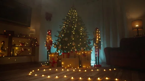 Christmas tree lights and presents on Christmas night Stock Footage 257205562