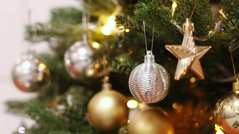 Christmas tree lights flickering in slow motion, elegant holiday decorations, Stock Footage 324519544