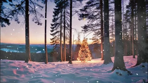 Christmas tree lights in the forest at twilight Video stock 258828366