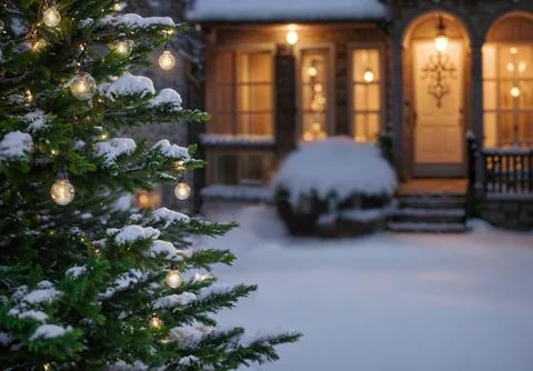 A Christmas tree with lights on it is in front of a house Иллюстрация