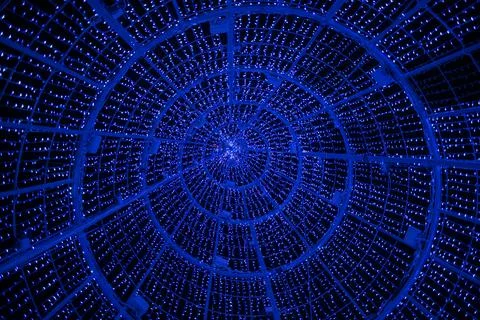 Christmas tree lights seen from inside. Blue Stock Photos