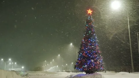 A Christmas tree in lights stands in the middle of snow. Video stock 167127404