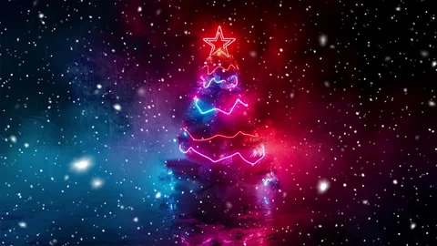 Christmas tree. Looped Christmas snow. Midnight snowfall. Neon. Noel. Loop. Stock Footage 270497553