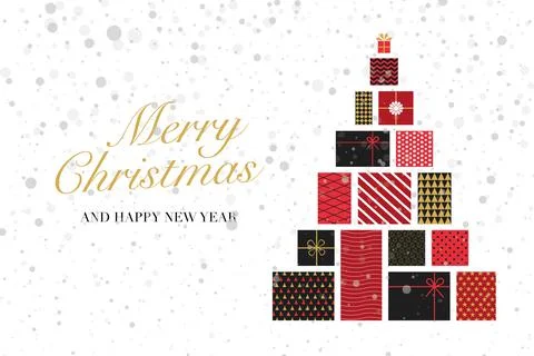 Christmas tree made of black and red gifts and flying snowflakes. Stock Illustration
