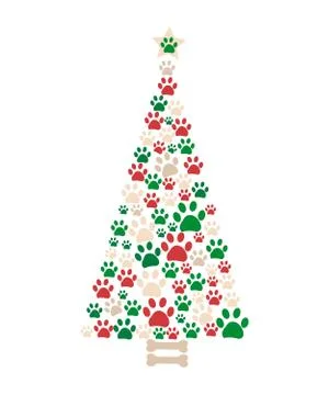 Christmas tree made of bone and paw prints. New year greeting card Stock Illustration