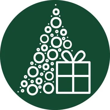 Christmas tree made of bubbles with gift box in dark green circle Stock Illustration