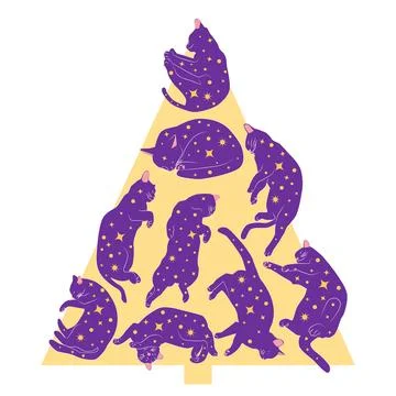 Christmas tree made of celestial cats. Greeting card for pet lovers. Pyrami.. Stock Illustration