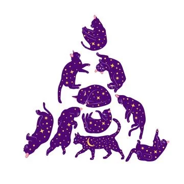 Christmas tree made of celestial cats. Greeting card for pet lovers. Pyramid  Stock Illustration