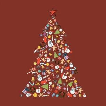 Christmas tree made from Christmas elements hand drawn childish style on re.. Stock Illustration
