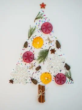 Christmas tree made of cones, pine branches, Christmas tree decorations, orange Stock Photos