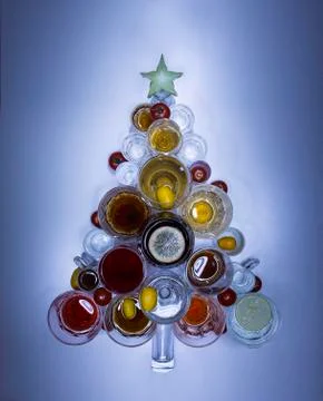 Christmas tree made of drinks. close up Stock Photos
