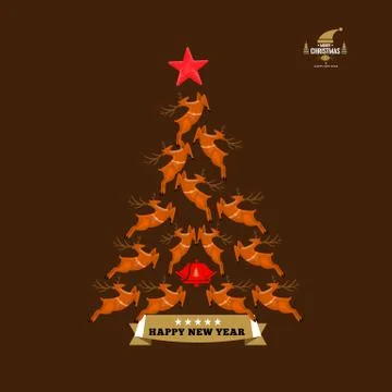 Christmas tree made of with flying or runing christmas reindeers. Creative Stock Illustration