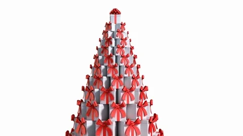 Christmas tree made of gift boxes. Gift boxes wih red ribbon pyramide Stock Footage 85223192