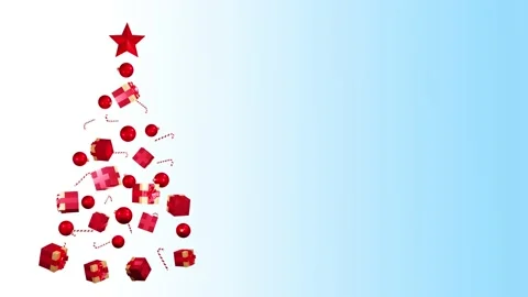 Christmas tree made of gift boxes, candy canes and balls on blue background. Stock Footage 166375618