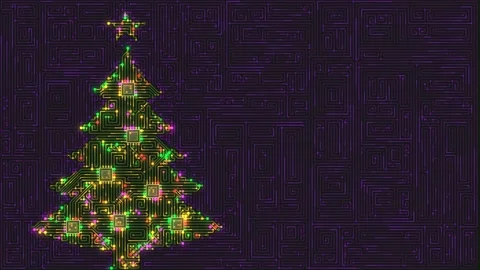 Christmas tree made of glowing microchips and circuits for high-tech holiday Stock Footage 342195809