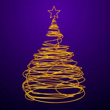 Christmas Tree Made Of Gold Wire. Violet Background. Illustrazione stock