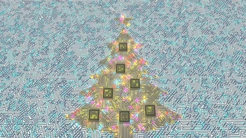Christmas tree made from microchips and glowing circuits on a motherboard Stock Footage 342195835