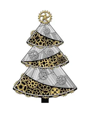 Christmas tree made of shiny silver metal plates, gears, cogwheels, rivets Stock Illustration