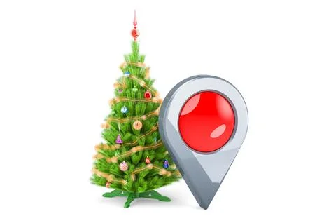 Christmas tree with map pointer. 3D rendering Illustrazione stock