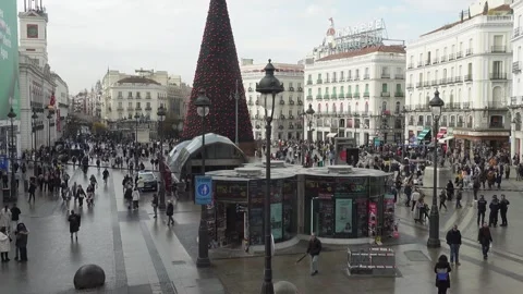 A Christmas tree in the middle of Puerta del Sol day time Stock Footage 294258991