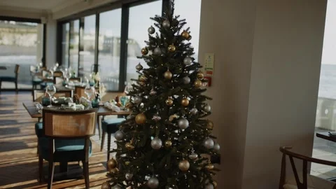 A Christmas tree is in the middle of a restaurant Stock Footage 295993842