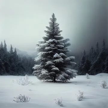 Christmas tree in the middle of snow covered forest. Decorated tree during .. Stock Illustration