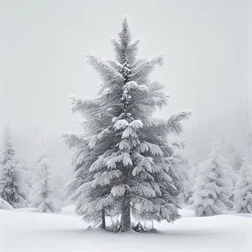Christmas tree in the middle of snow covered forest. Decorated tree during .. Stock Illustration