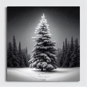 Christmas tree in the middle of snow covered forest. Decorated tree during .. Stock Illustration
