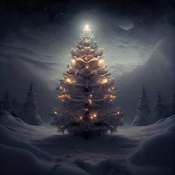 Christmas tree in the middle of snow covered forest. Decorated tree during .. Stock Illustration