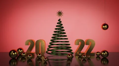 Christmas tree minimal in 3d, 2022 and golden balls on a red festive background Stock Illustration