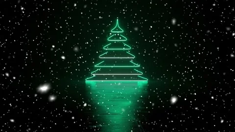 Christmas tree. Minimalistic style. Falling snowflakes. Green background. Neon. Stock Footage 271236094