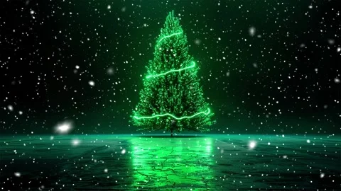 Christmas tree. Minimalistic style. Falling snowflakes. Green background. Neon. Stock Footage 271236099