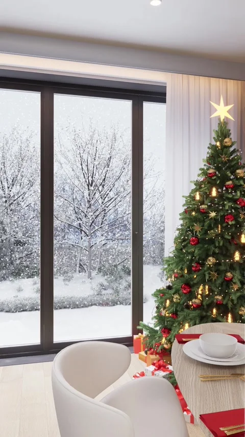 Christmas tree in a modern studio apartment interior. It's winter outside Stock Footage 292020993