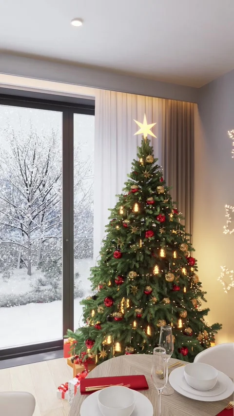 Christmas tree in a modern studio apartment interior. It's winter outside Stock Footage 292021133