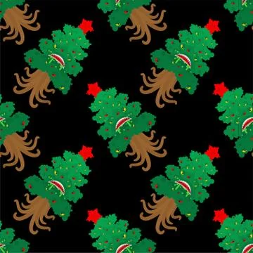 Christmas tree monster pattern seamless. Fir mutant background . Angry Xmas a Stock Illustration